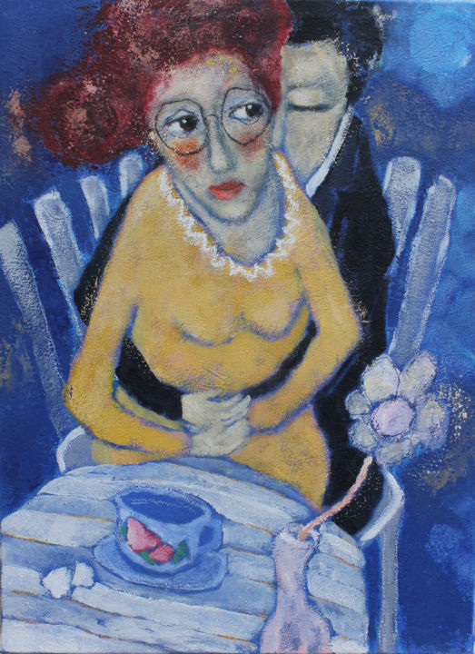 Painting titled "Petit déjeuner avec…" by Yvonne Morell, Original Artwork, Acrylic