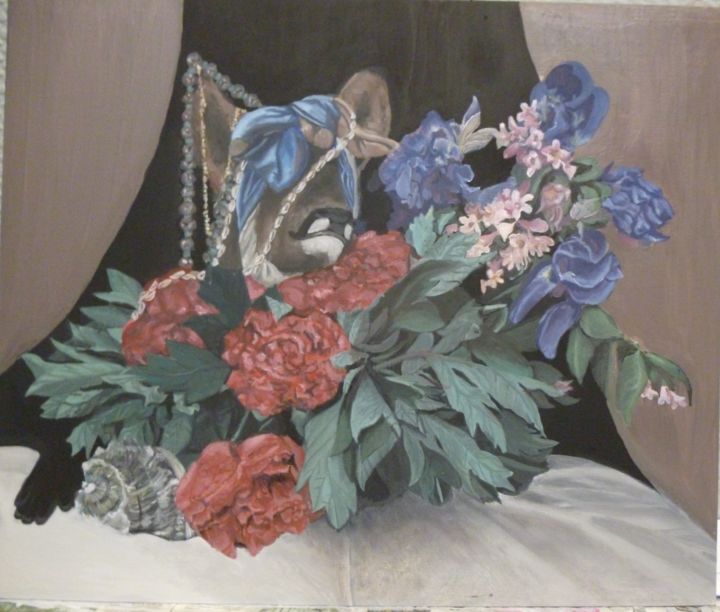 Painting titled "Biche et bouquet" by Y.-P. J., Original Artwork, Oil