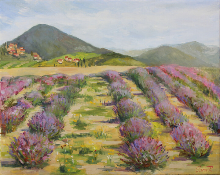 Painting titled "Lavender field" by Yana Ros, Original Artwork, Oil