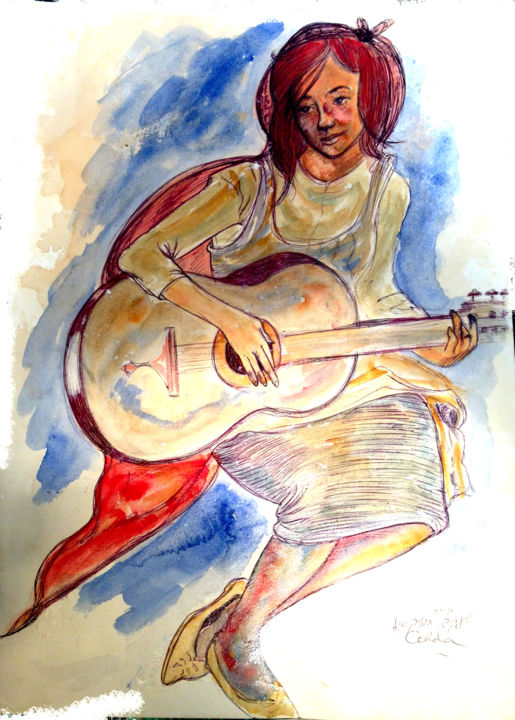 Drawing titled "jeune-femme-à-la-gu…" by Yaacov Ye'Hezkel Corda, Original Artwork, Ballpoint pen
