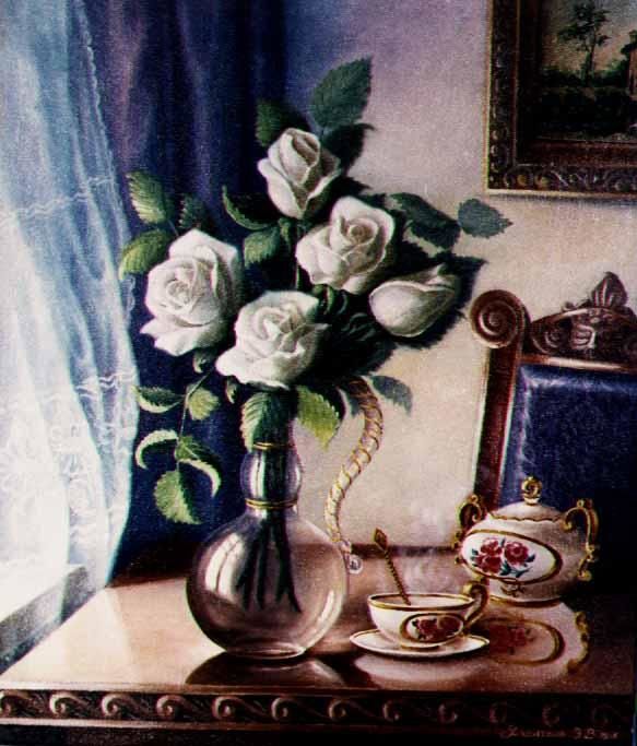 Painting titled "White roses" by Elina Bronshtain, Original Artwork