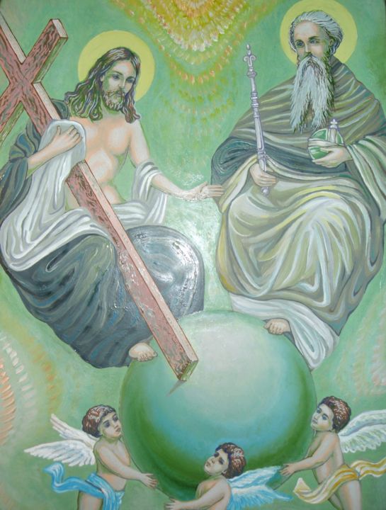 Dessin intitulée "La Sainte Trinité" par Andrei Gergelezhiu, Œuvre d'art originale, Huile