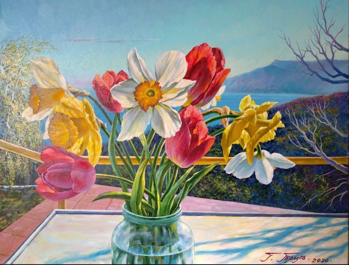 Картина под названием "Весенний букет" - Георгий Триль, Подлинное произведение искусства, Масло Установлен на Деревянная рам…