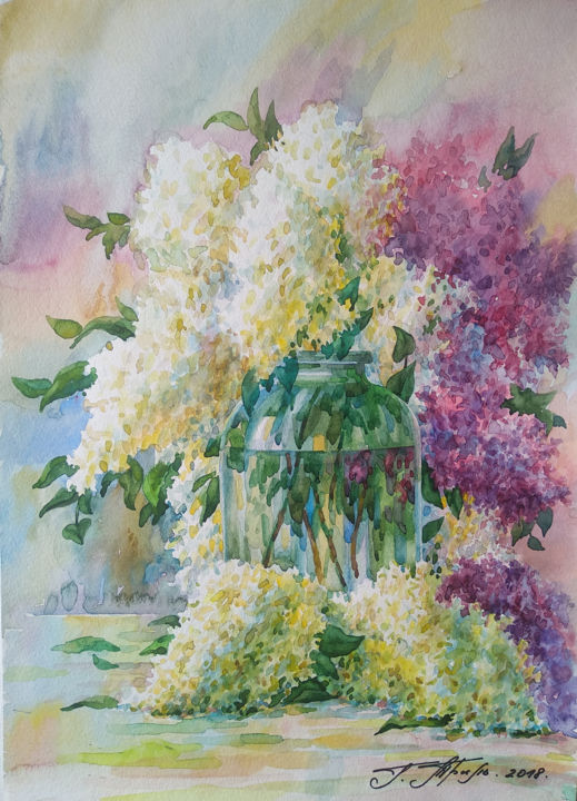 Картина под названием "Lilac bouquet" - Георгий Триль, Подлинное произведение искусства, Акварель