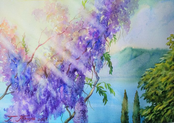 Painting titled "Sun rays" by Georgii Tril, Original Artwork, Watercolor