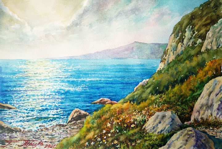 Painting titled "Mountains and sea" by Georgii Tril, Original Artwork, Watercolor