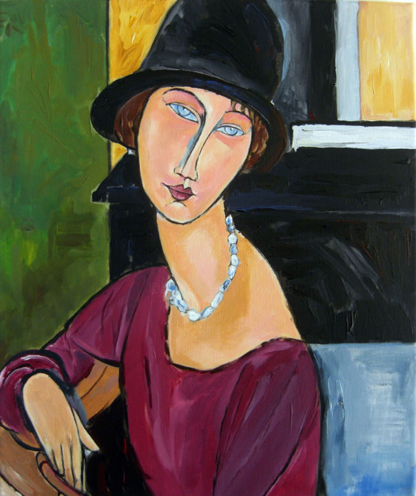 Painting titled "femme au chapeau 46…" by Yan Bragance, Original Artwork, Acrylic Mounted on Wood Stretcher frame