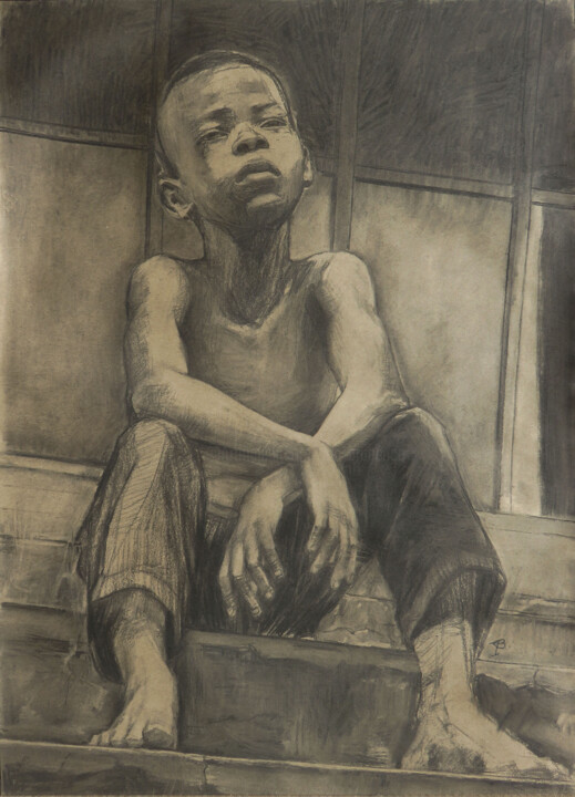 Drawing titled "29 Rêveur" by Yan Bragance, Original Artwork, Charcoal Mounted on Other rigid panel