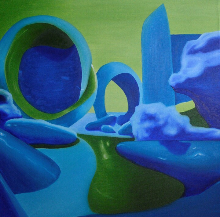 Painting titled ""Geometry Blue"" by Yan Cue, Original Artwork, Oil Mounted on Wood Stretcher frame