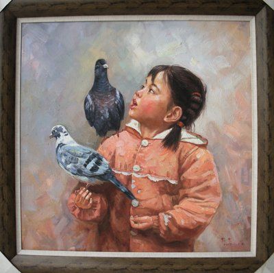 Painting titled "Girl with pigeons." by Yan Zhi Yu, Original Artwork, Oil
