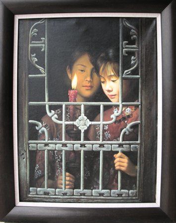 Pittura intitolato "Two girls with a ca…" da Yan Zhi Yu, Opera d'arte originale, Olio