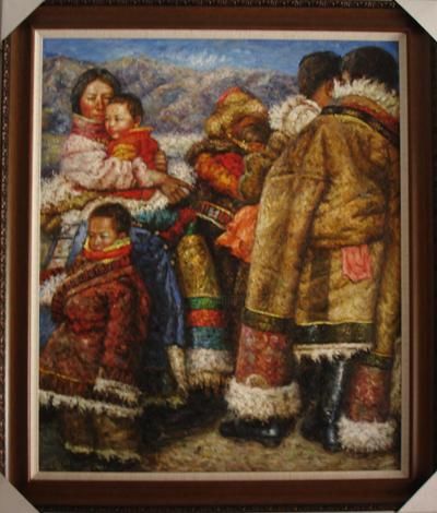 Malerei mit dem Titel "Family of Tibet." von Yan Zhi Yu, Original-Kunstwerk, Öl