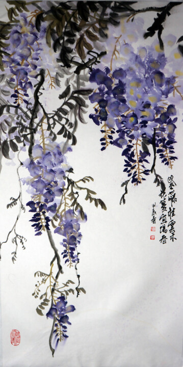Pintura intitulada "紫藤挂云彩" por Yan Zi007, Obras de arte originais, Tinta