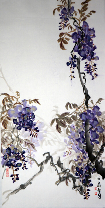 Peinture intitulée "甲辰春月紫藤花开（特价）" par Yan Zi007, Œuvre d'art originale, Encre