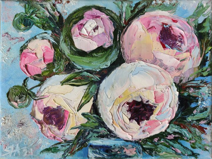Painting titled "Floral Oil Painting…" by Yana Anemona, Original Artwork, Oil Mounted on Wood Stretcher frame