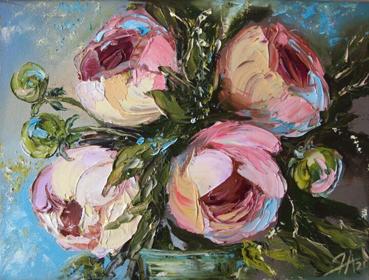 Painting titled "Peony painting, Sma…" by Yana Anemona, Original Artwork, Oil Mounted on Wood Stretcher frame