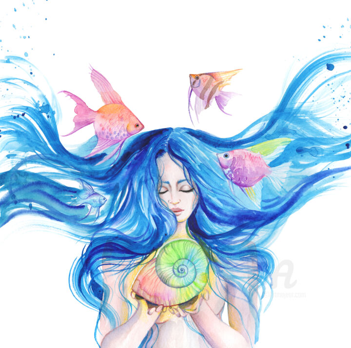 Pintura intitulada "Blue Mermaid" por Yana Anikina, Obras de arte originais, Aquarela