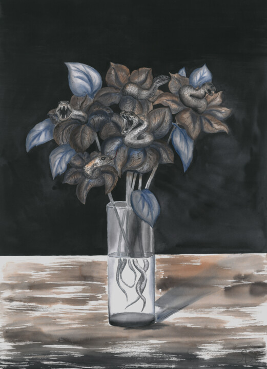 Painting titled "Vase with exotic fl…" by Yana Bila, Original Artwork, Watercolor
