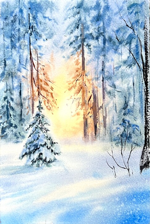 Painting titled "Snowy Forest in Fin…" by Yana Ivannikova, Original Artwork, Watercolor
