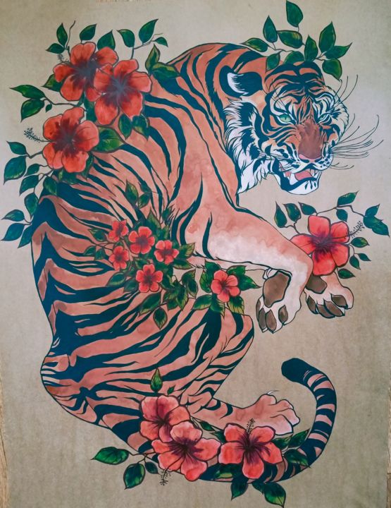 Malarstwo zatytułowany „Indian tiger” autorstwa Yana Koretska, Oryginalna praca, Akwarela