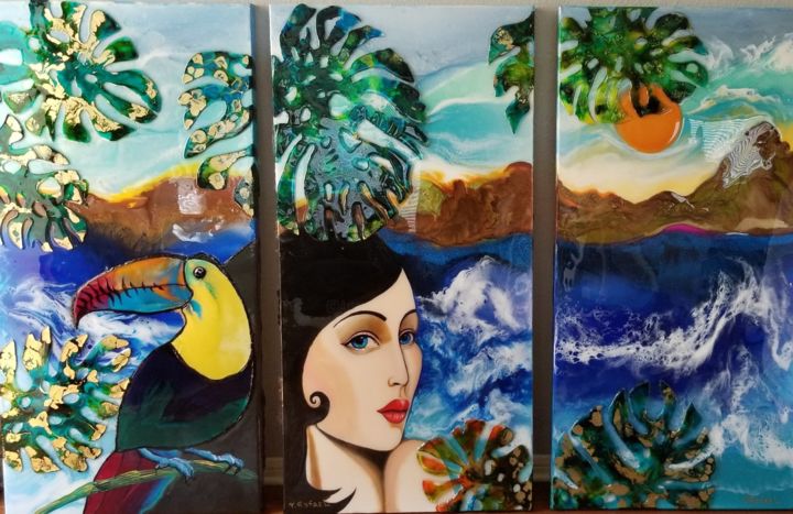 Painting titled "Tropicana" by Yana Rafael, Original Artwork, Enamel Mounted on Wood Stretcher frame