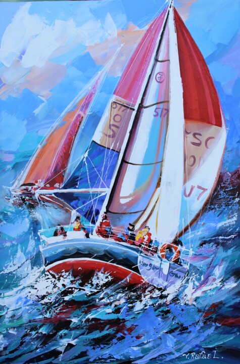Painting titled "flying on the waves" by Yana Rafael, Original Artwork, Acrylic Mounted on Wood Stretcher frame