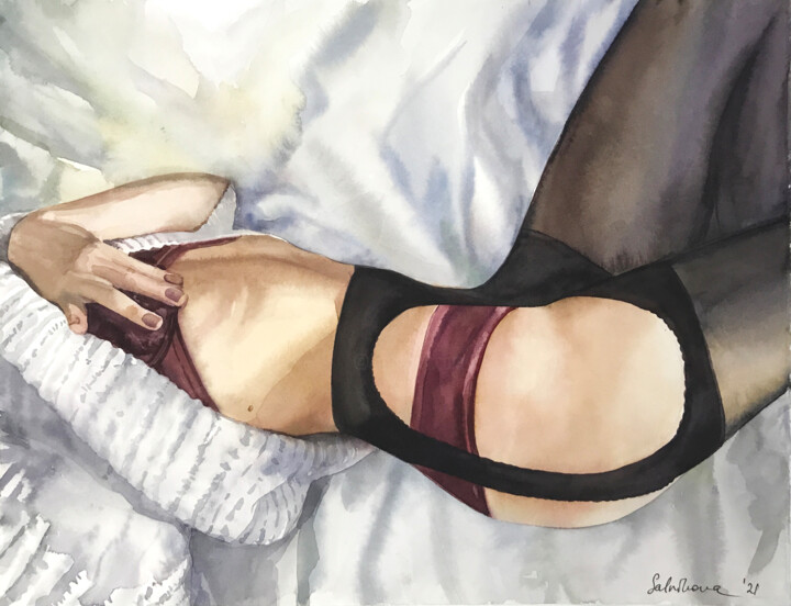 Painting titled "In bed" by Yana Salnikova, Original Artwork, Watercolor
