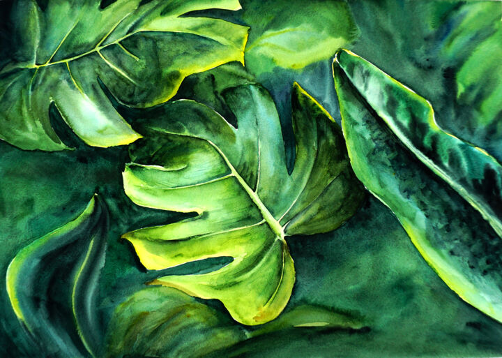 Painting titled "Tropical Palm Leave…" by Yana Shvets, Original Artwork, Watercolor