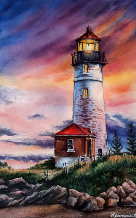 Painting titled ""Старый маяк"" by Yana Yeremenko, Original Art, Watercolor