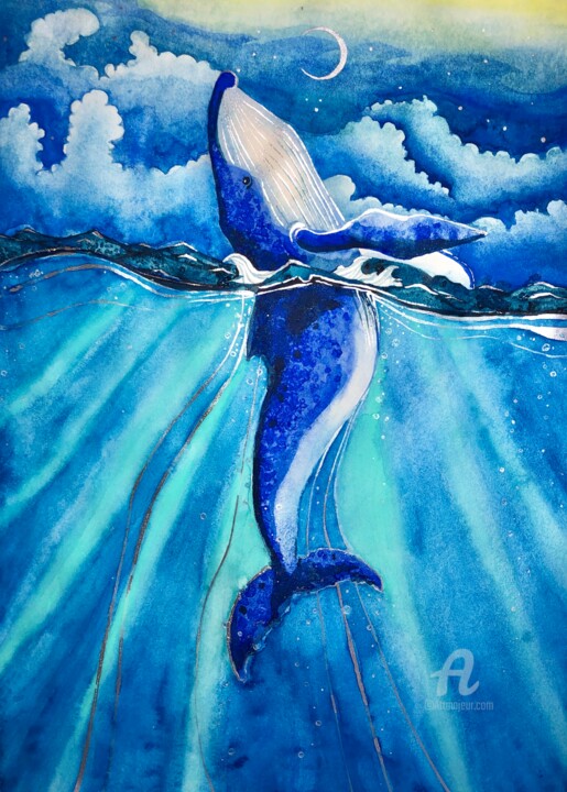Painting titled "Dreamy whale" by Yana Yushkova, Original Artwork, Watercolor
