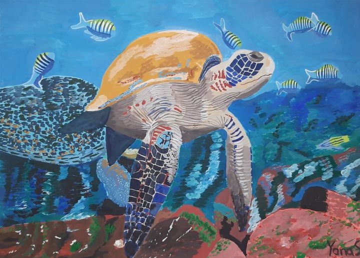 Картина под названием "Sea turtle with tro…" - Yanasarttreasures, Подлинное произведение искусства, Гуашь