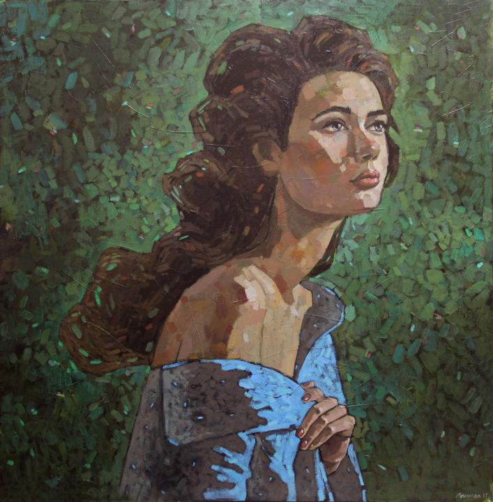 Картина под названием "GIRL IN A BLUE CLOAK" - Leonova Natalia, Подлинное произведение искусства, Акрил