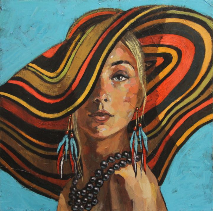 Peinture intitulée "GIRL IN STRIPED HAT" par Leonova Natalia, Œuvre d'art originale, Acrylique