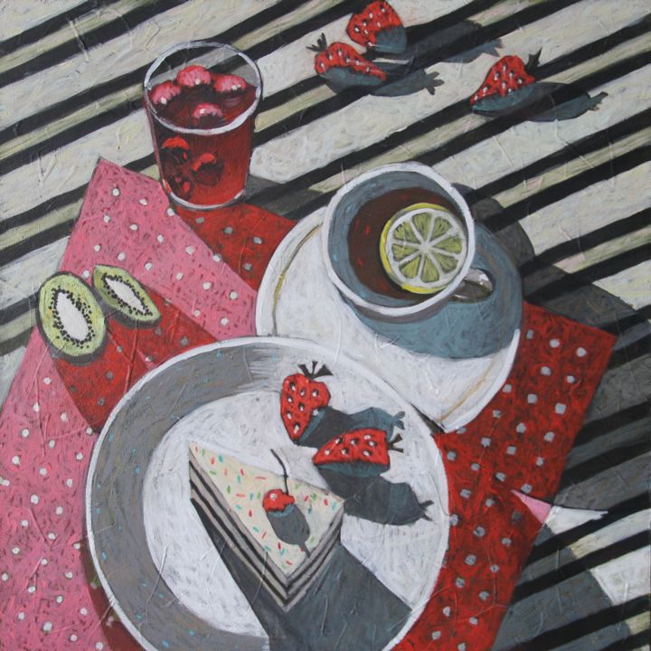 Painting titled "TEA WITH LEMON" by Leonova Natalia, Original Artwork, Acrylic