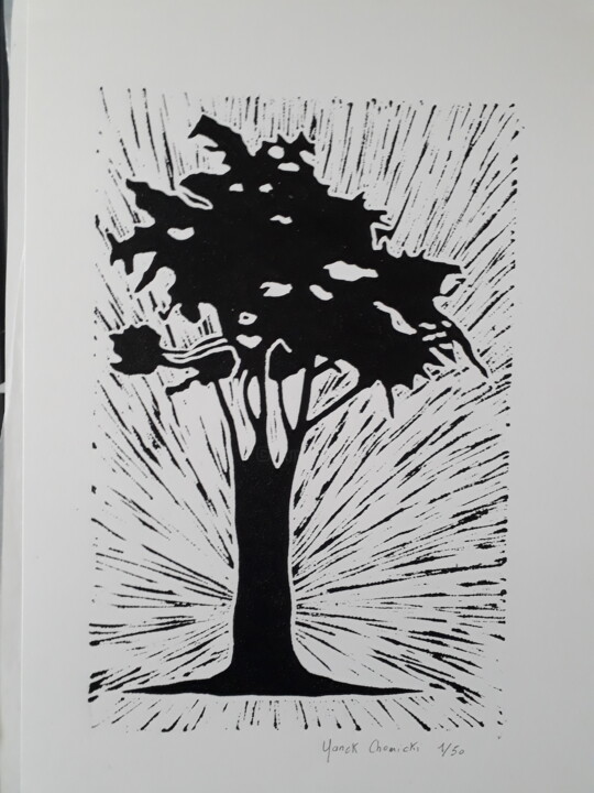Druckgrafik mit dem Titel "Linogravure Arbre 7" von Yanek Chomicki, Original-Kunstwerk, Linoldrucke