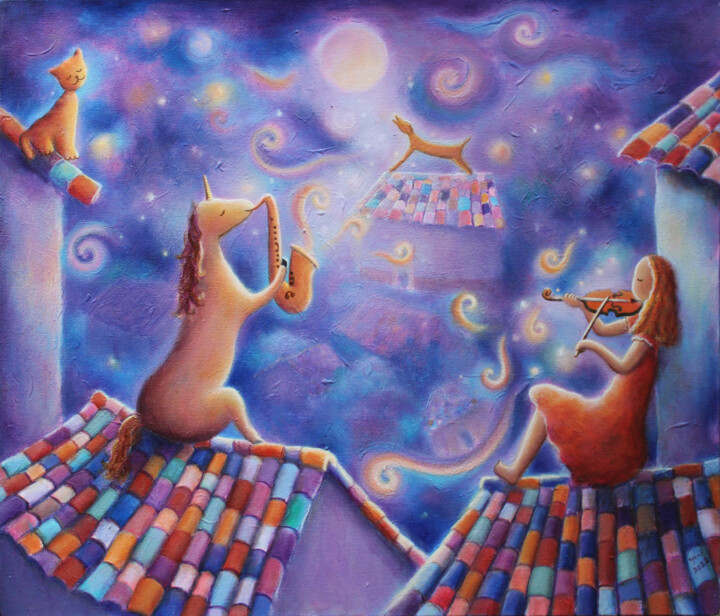 Schilderij getiteld "La banda nocturna" door Yani Adrian, Origineel Kunstwerk, Acryl Gemonteerd op Frame voor houten brancard