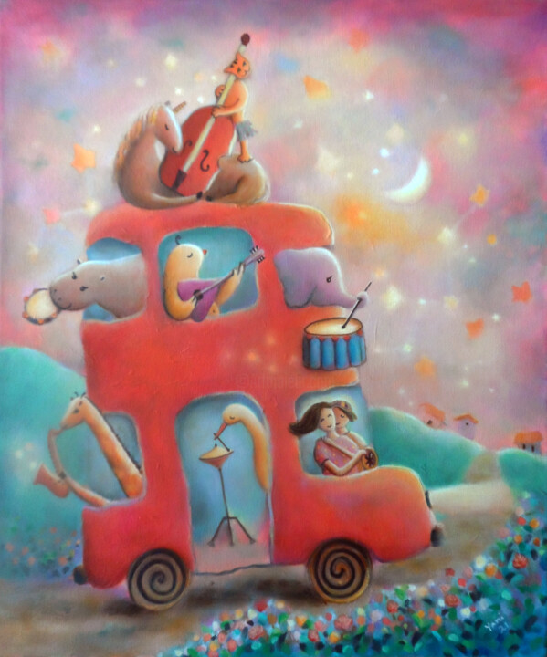 Картина под названием "La orquesta vagabun…" - Yani Adrian, Подлинное произведение искусства, Акрил Установлен на Деревянная…