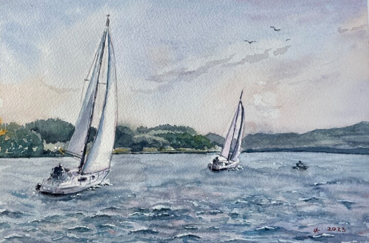 Painting titled "yacht race" by Yanina Kalinichenko, Original Artwork, Watercolor