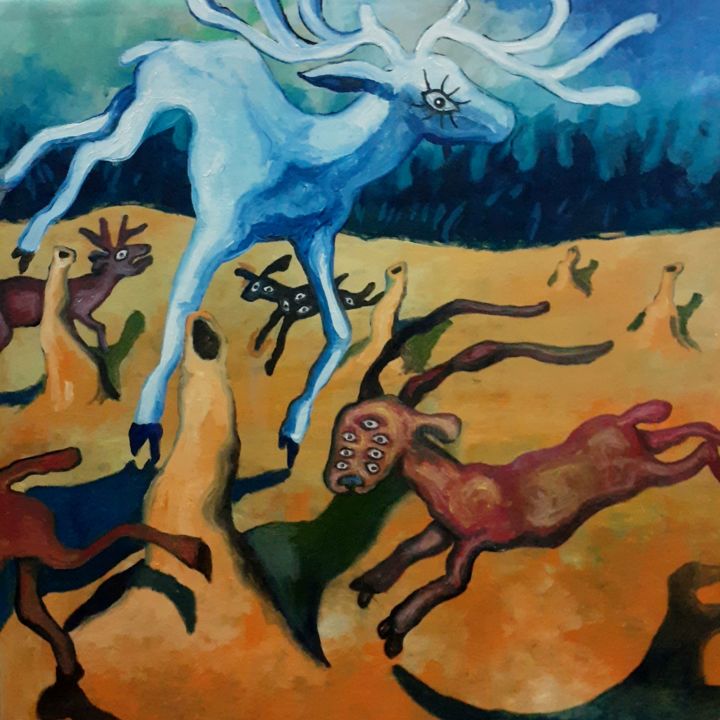 Peinture intitulée "7 ojos y un espírit…" par Yan Cue, Œuvre d'art originale, Huile