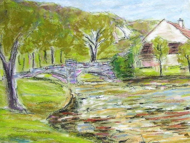 Painting titled "Le pont et la riviè…" by Bobdiyann, Original Artwork, Pastel