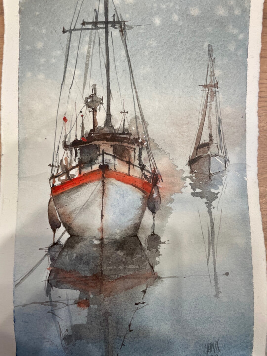 Painting titled "bateau" by Yann Chalopin, Original Artwork, Watercolor