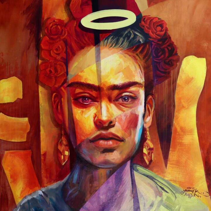 Painting titled "Frida" by Yannick Aaron, Original Artwork, Acrylic Mounted on Wood Stretcher frame