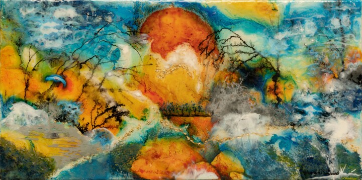 Peinture intitulée ""Au pas du soleil l…" par Yannick Bernard, Œuvre d'art originale, Laque Monté sur Châssis en bois