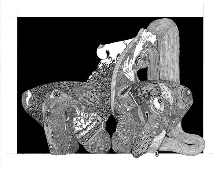 Dessin intitulée "La Femme Fontaine" par Yannick Duriez, Œuvre d'art originale, Encre