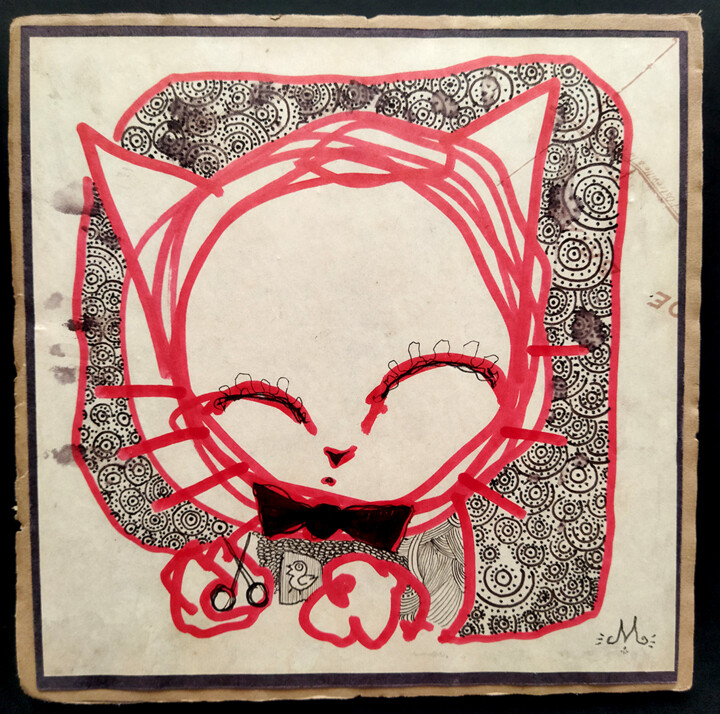 Drawing titled "Small red cat" by Yannick Duriez, Original Artwork, Marker Mounted on Cardboard