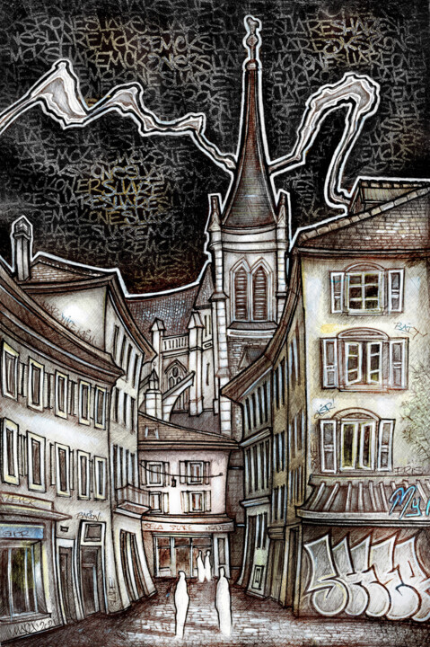 Dibujo titulada "Rue de l'Hôtel de v…" por Yannick Touanen, Obra de arte original, Tinta