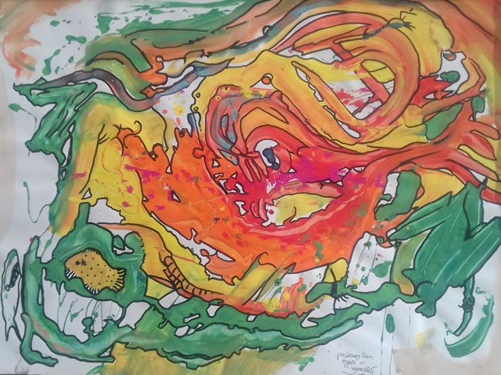 Dessin intitulée "poisson lion égaré" par Yanosky, Œuvre d'art originale, Gouache