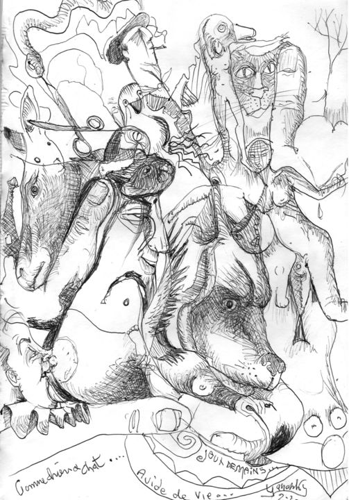 Disegno intitolato "comme chien et chat" da Yanosky, Opera d'arte originale, Biro