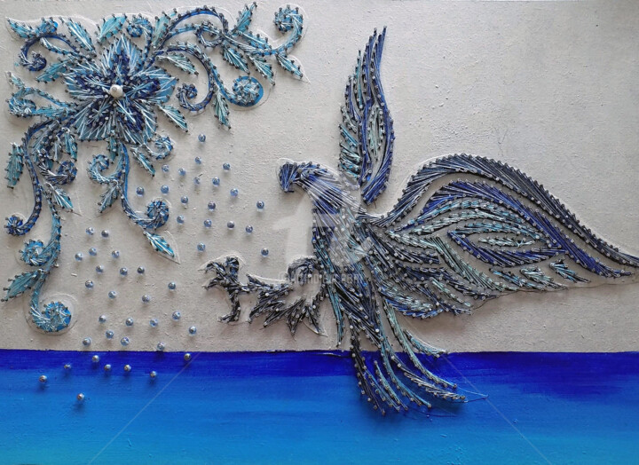 Sztuka tkaniny zatytułowany „Aigle” autorstwa Muriel Courtioux, Oryginalna praca, Włókno tekstylne Zamontowany na Panel drew…