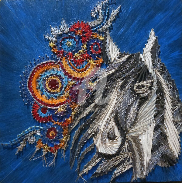 Textielkunst getiteld "Cheval" door Muriel Courtioux, Origineel Kunstwerk, Acryl Gemonteerd op Houten paneel